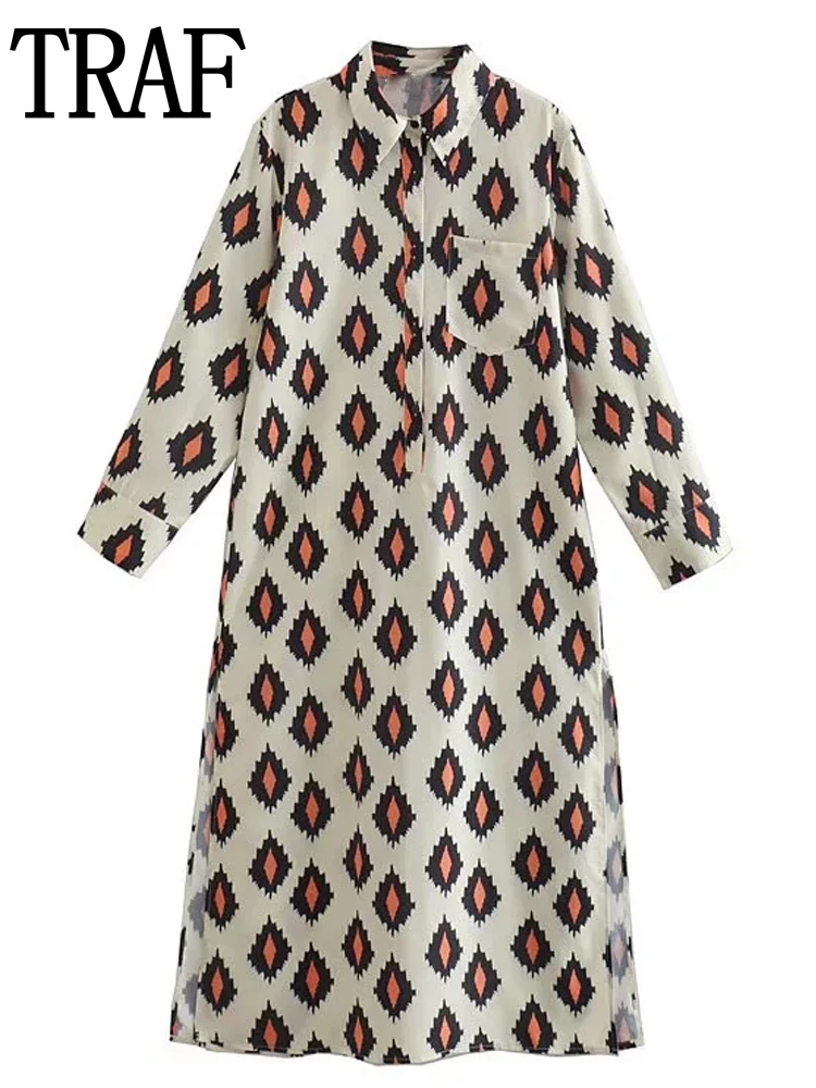

TRAF Female Dress Long Sleeve Shirt Dress Woman 2022 Printed Long Dresses For Women Collared Summer African Casual Dresses
