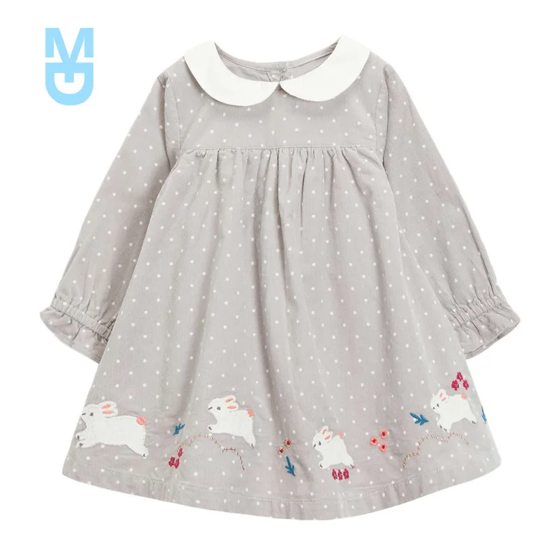 

New Little Maven Frocks for Baby Girls Brand Autumn Clothes Cotton Bunny Applique Toddler Dot Corduroy Peter Fan Collar Dress