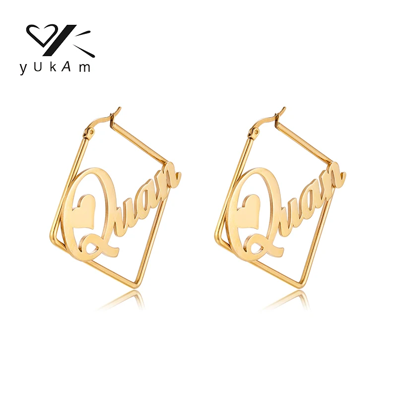 YUKAM Personalized Square Letter Earrings Women's Fashion 2022 Customized Stainless Steel Exclusive Gift Name Earrings Creative