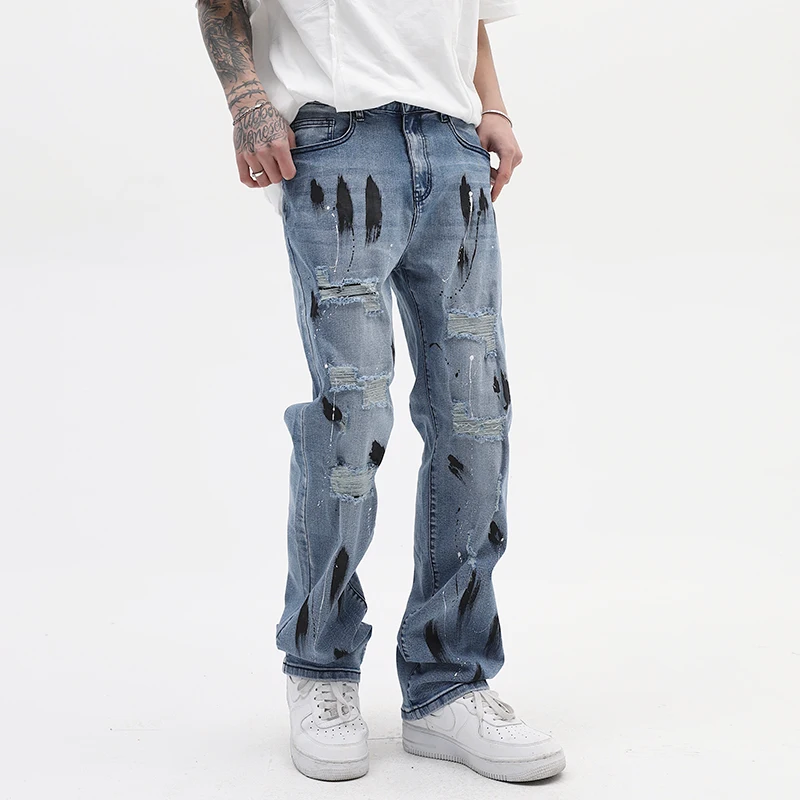 Ripped Straight Retro Hole Blue Jeans Pants Mens Harajuku Streetwear Lighh Blue Casual Vibe Style Denim Trousers Oversized
