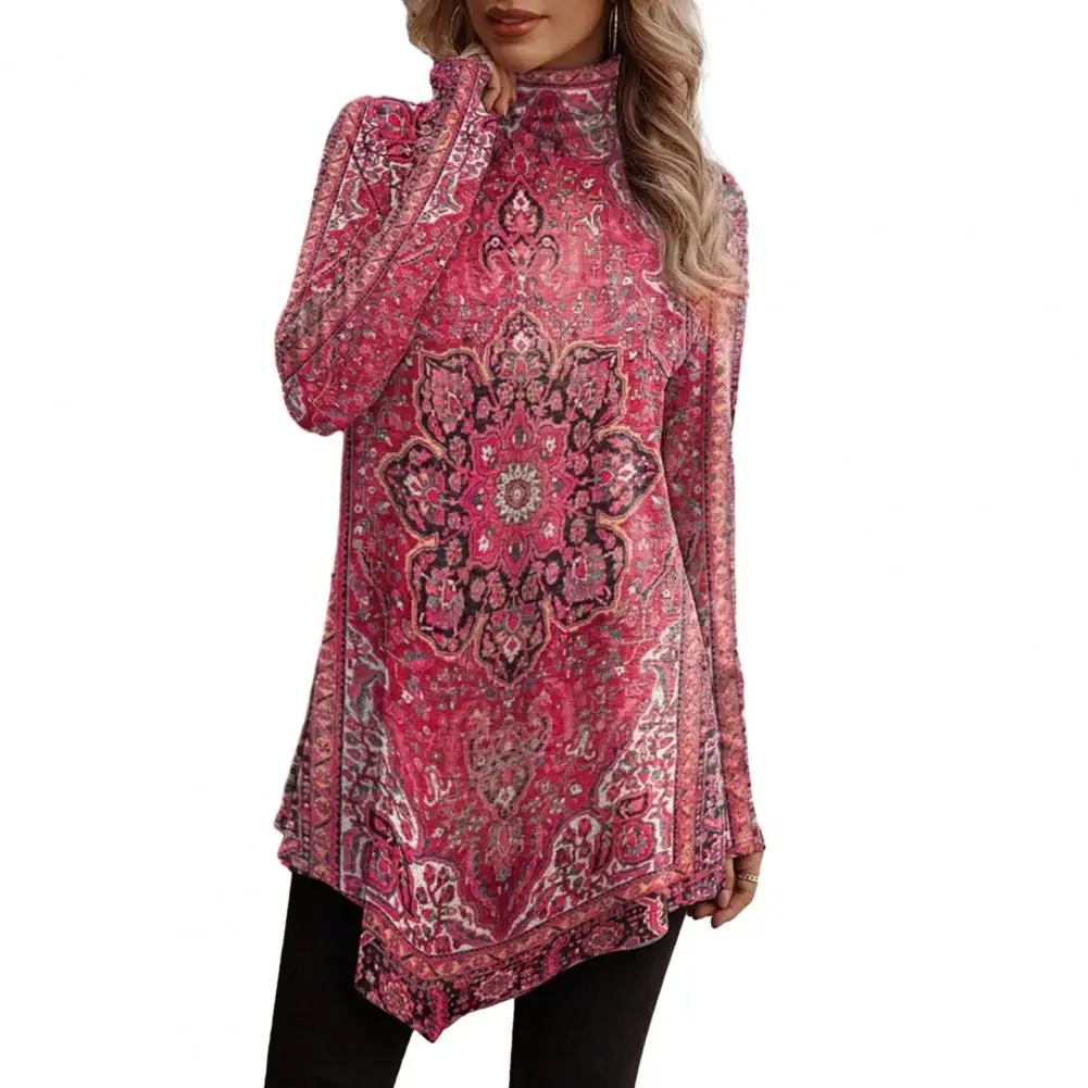 

Long Sleeve Lady Top Vintage Ethnic Style High Collar Flower Print Women's Blouse Irregular Hem Soft Warm Long for Fall/winter