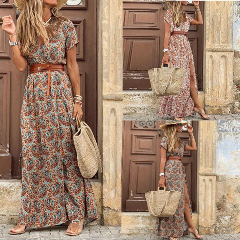 

Boho Paisley Print Dress Women Elegant V Neck Short Sleeve Belt Large Hem Long Dress 2023 Summer Vintage Beach Party Maxi Dress