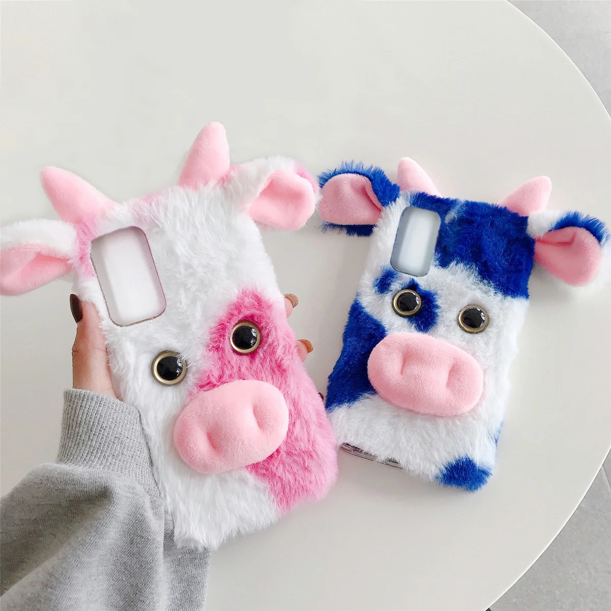 

Cute Fluffy Girly Case S21 Ultra Milk Cow 3D Furry Kawaii Kid Gift 3D Stuffed Plush Cover Women Soft Rabbit Fur Phone