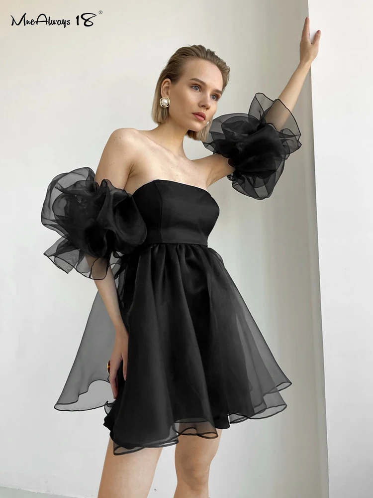 

Mnealways18 A-Line Black Party Strapless Dress Women Lovely Ball Gown Dress Summer Female Chest Dress With Organza Puff Sleeve
