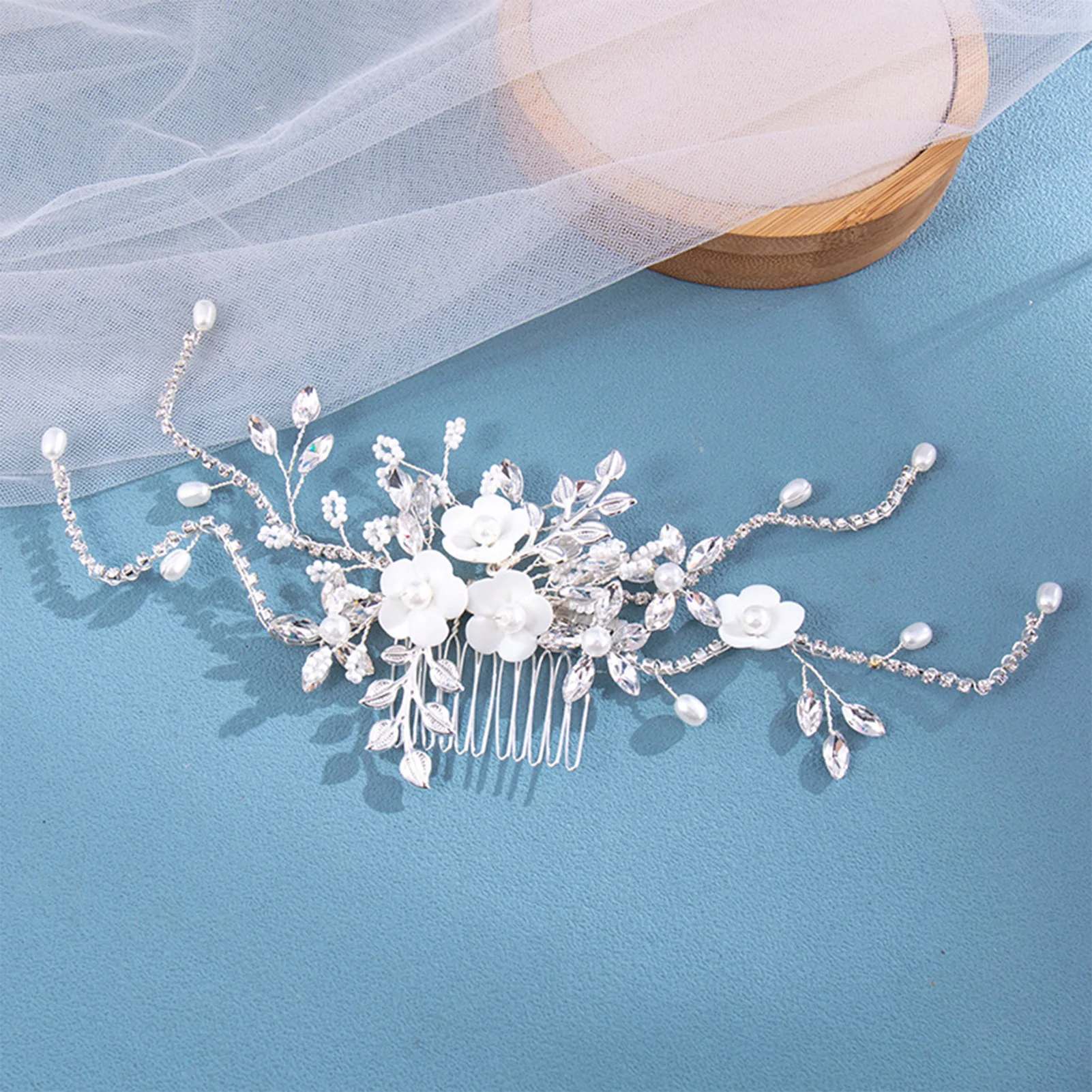 Metal Headpieces White Flower Hairclips Rhinestone Vines Leaf For Bride Hair Jewelry