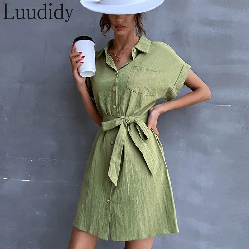 

Army Green Cotton Linen Single Breasted Pocket Design Short Sleeve A-Line Dress With Belt