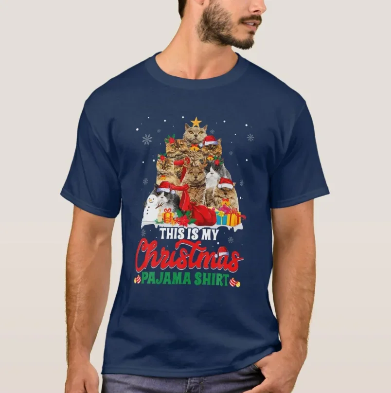 Фото This Is My Christmas Pajama Selkirk Rex Tree Cat Loves Футболка из 100% хлопка с круглым вырезом и коротким рукавом Повседневная мужская футболка Размер S-3XL №3