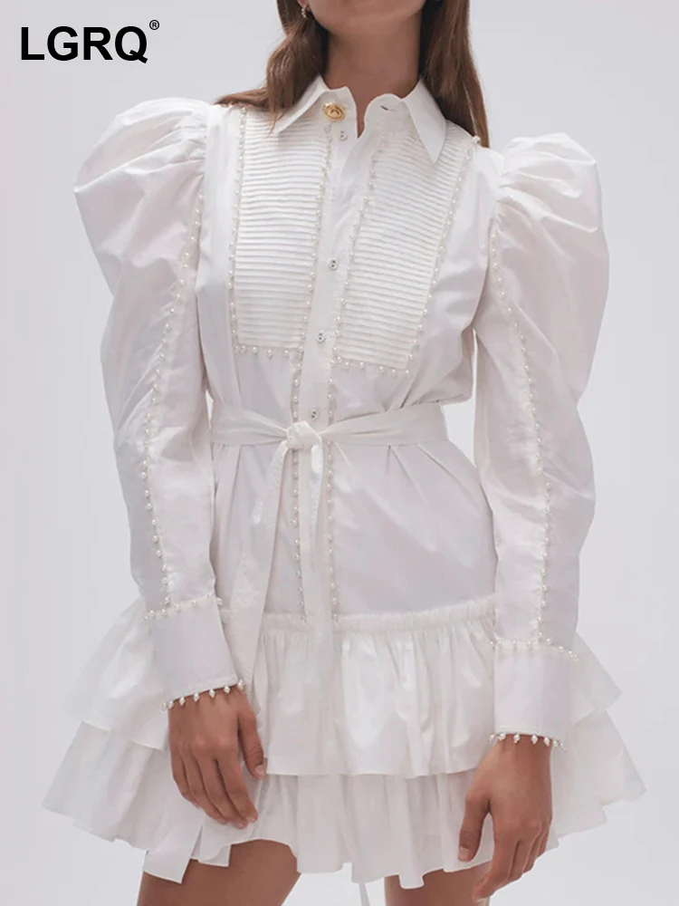 

LGRQ Новинка 2023 французская Осенняя стильная поло с воротником и длинными рукавами-фонариками со шнуровкой на талии с рюшами Модный женский короткий мини-поло 19F1426