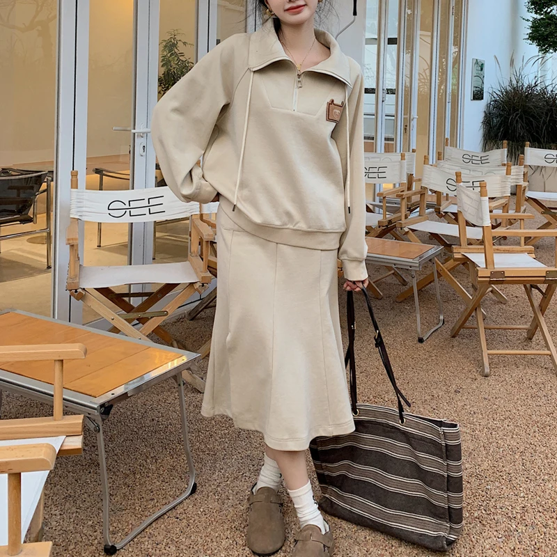 

Spring Autumn Women's College Style Sweatshirt Hooded Stand Collar Solid Color Pullover Top + Slim Skirt Suits Two-Piece Set