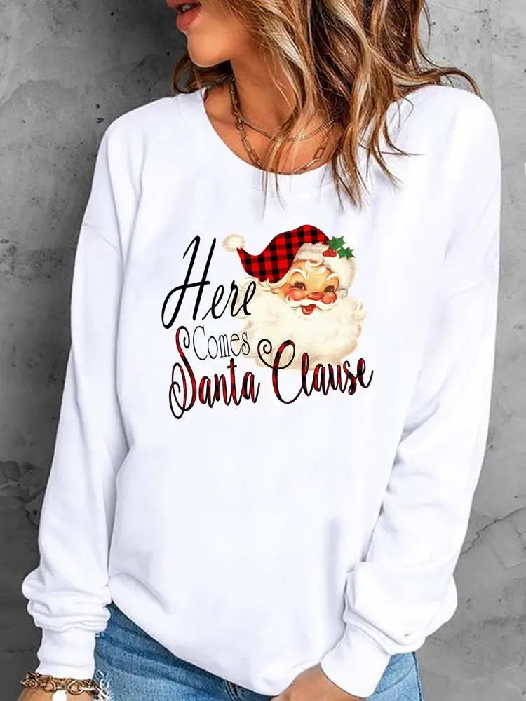 

Plaid Trend Santa Clause Happy New Year Print Merry Christmas Graphic Sweatshirts Pullovers For Women Fashion Female Clothing