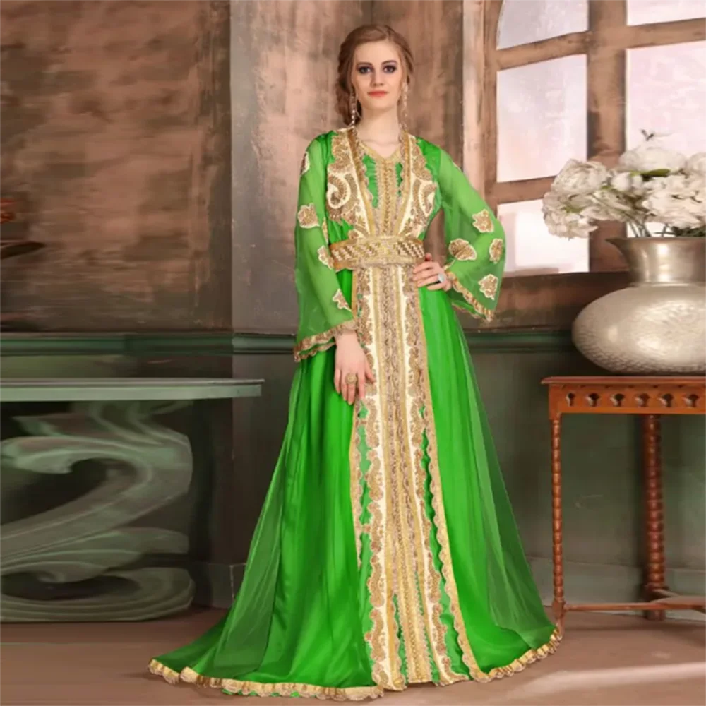 

Laxsesu Pretty Green Dubai Evening Dresses Long Sleeve Chiffon Moroccan Caftan 2022 Muslim Saudi Arabia Formal Prom Dresses