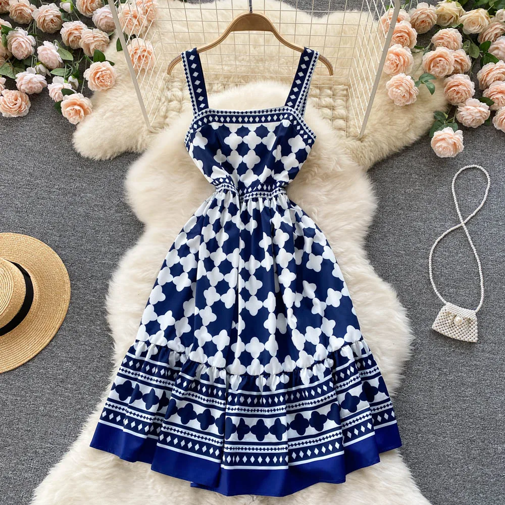 

2022 Summer Spaghetti Strap Backless Sexy Club Party Dress Women New Fashion Vintage Floral Print Sleeveless Midi Dresses