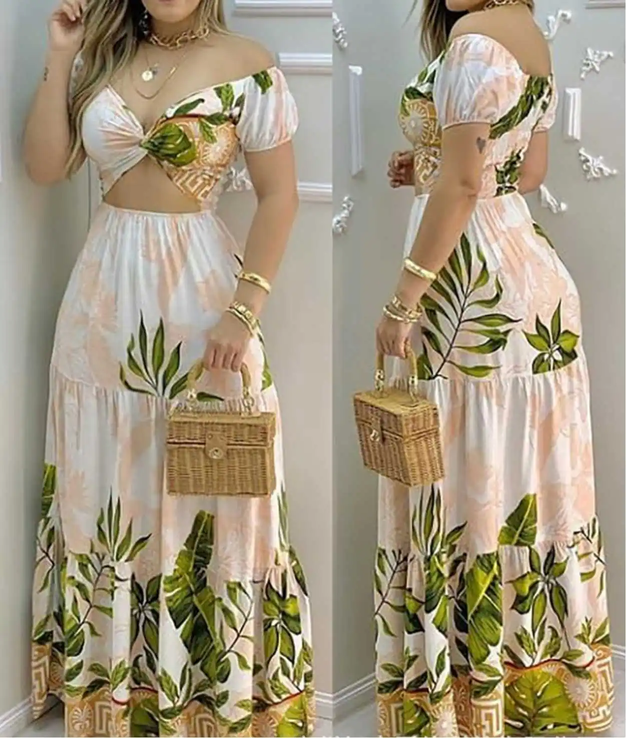 

Women Elegant Vintage Slit Dresses 2022 Summer New Print Holiday Beach Bodycon Sexy Maxi Dress