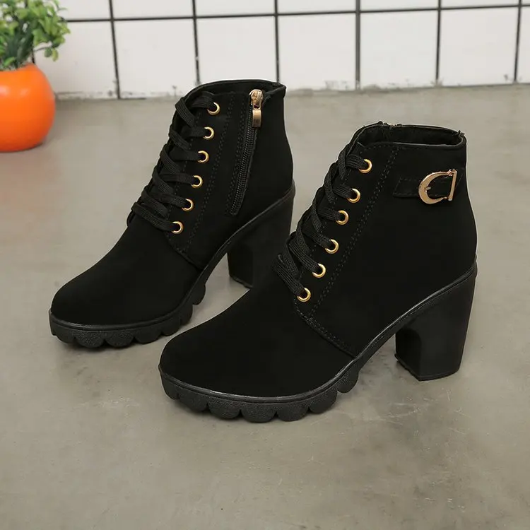 

Ankle Boots for Women 2022 New Elegant Square Heel Shoes Woman High Heel Solid Vintage Boots Women Lace-up Ladies Shoes