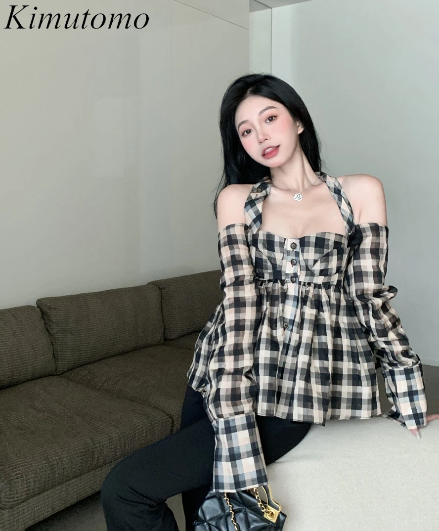 

Sexy Lady Shirts Kimutomo 2022 Spring Summer New Ins Sweet Plaid Color Contrast Halter Neck Off Shoulder A-line Female Blouse