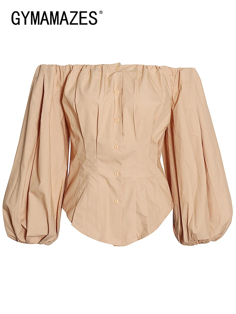 

Рубашка GYMAMAZES с рукавами-фонариками для женщин, элегантная однотонная облегающая блузка с воротником-лодочкой, Женская Модная стильная осе...