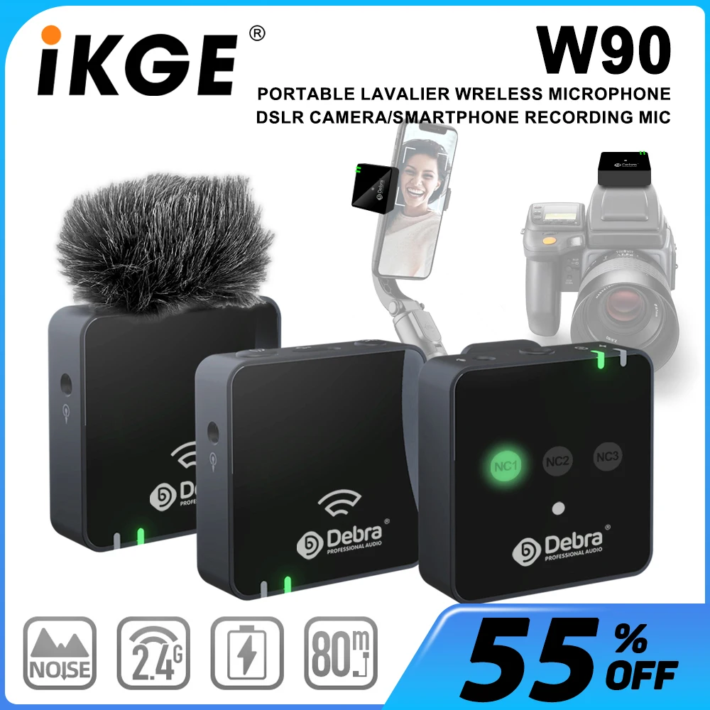 Беспроводной петличный микрофон W90 2 4G расстояние 80 м 3-уровневое шумоподавление