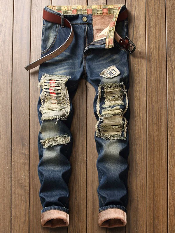 

Мужские осенние флисовые плотные джинсы, облегающие модные прямые джинсовые брюки в стиле хип-хоп с микро-прыжками и кошачьей бородой, Молодежная мужская одежда