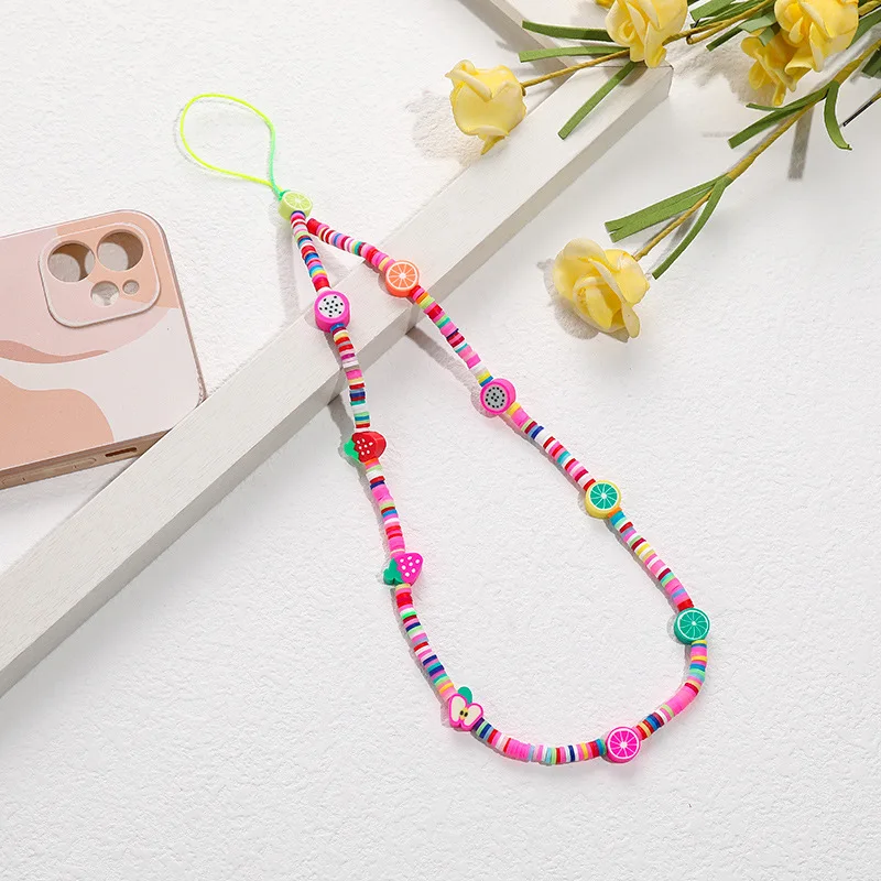 

Handmade Rainbow Color Glasses Smiley Face Fruit Pearl Polymer Clay Beaded Phone Lanyard Wrist Strap Mobile Phone Charm Chain