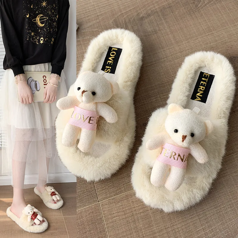 Hairy Slippers Women's Korean Version Cute Bears Flat Heels Flat-bottomed Flip-flops Outside Wear Household Cotton Slippers Wome