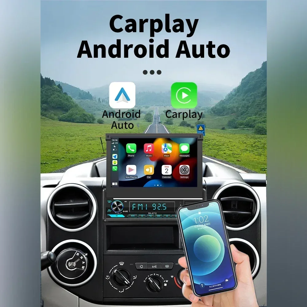 7-дюймовый выдвижной экран Carplay Android Auto автомобильный мультимедиа 1 Din радио для