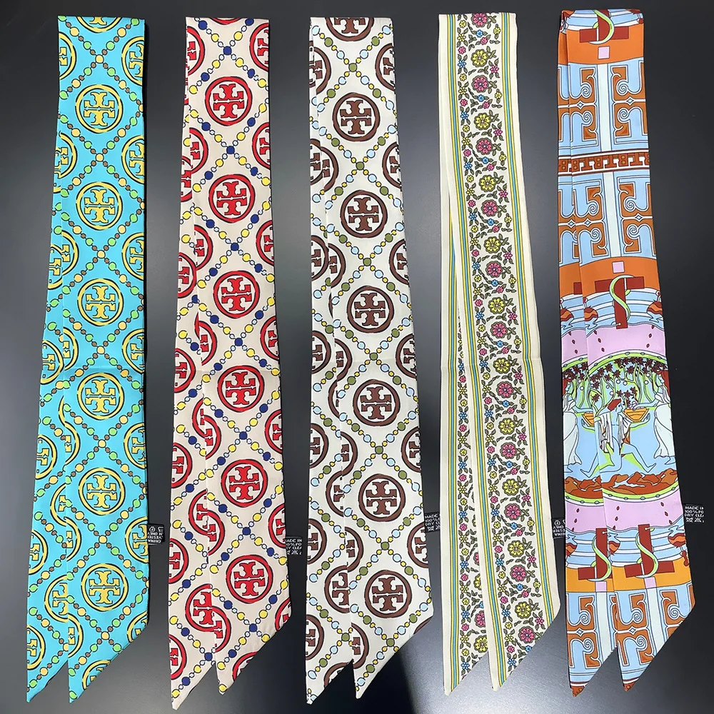 

100% Silk Design 2023 New Women Silk Scarf Luxury In Summer Fashion Hairband Bag Scarves Foulard Headscarf long silk headband