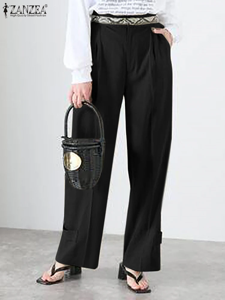

Office Work Capris 2022 Fashion Solid Cotton Trouser Women Vintage Zip Button Pant ZANZEA Loose Straight Elastic Waist Overalls