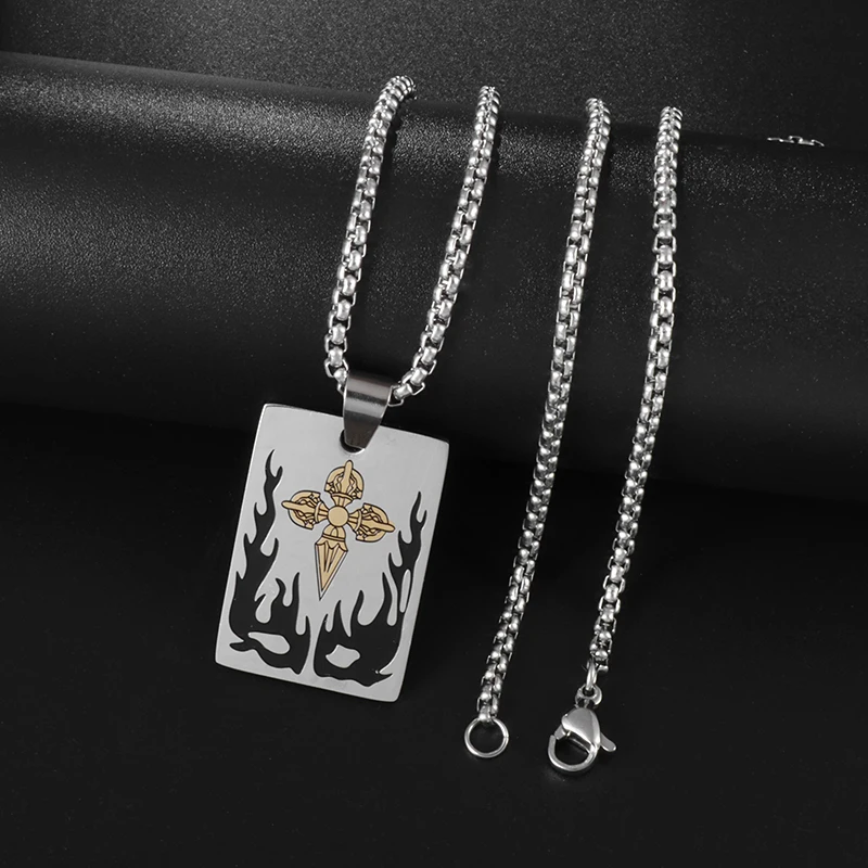 

Trendy Men Stainless Steel Rectangular Design Engraved Flame Cross Pattern Pendant Necklace Street Cool Rock Party Jewelry Gift