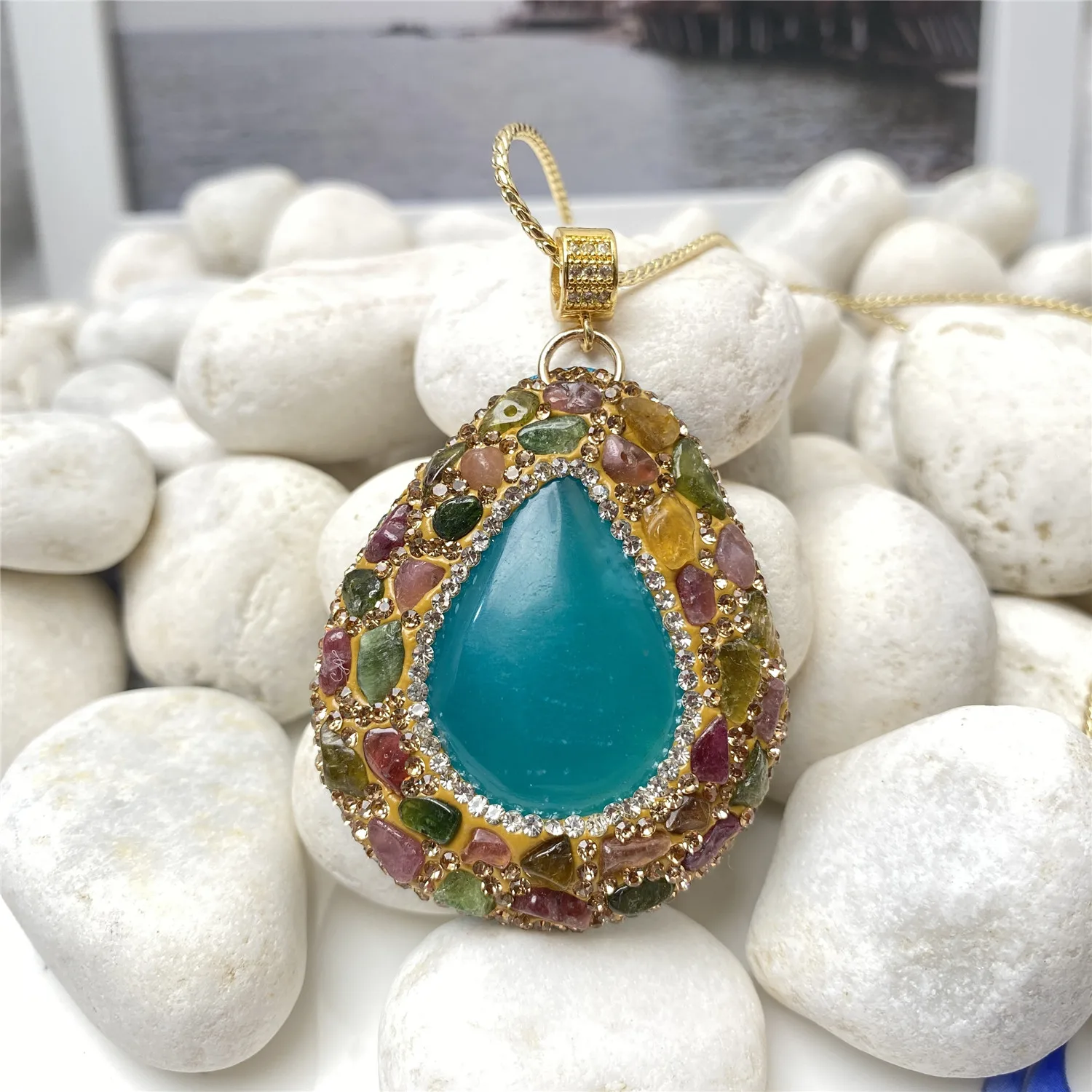 Natural ice amazonite tourmaline rhinestone pendant ladies personalized necklace jewelry