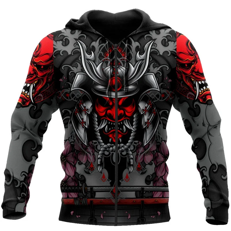 

New Harajuku Pullover Samurai Oni Mask Tattoo 3D Printed Autumn Hoodies Unisex Casual Zip Hoodie Streetwear Retro sweatshirt