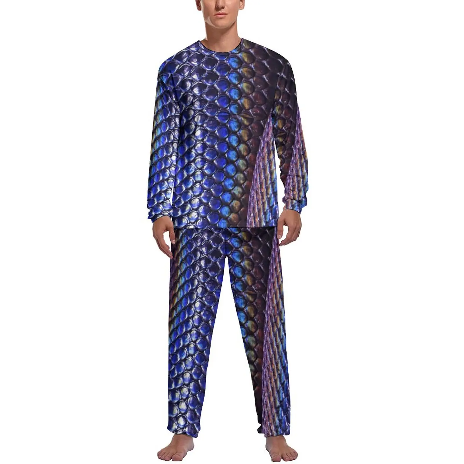 Colorful Snakeskin Pajamas Men Shiny Blue Print Kawaii Sleepwear Spring Long Sleeve 2 Pieces Sleep Pattern Pajama Sets