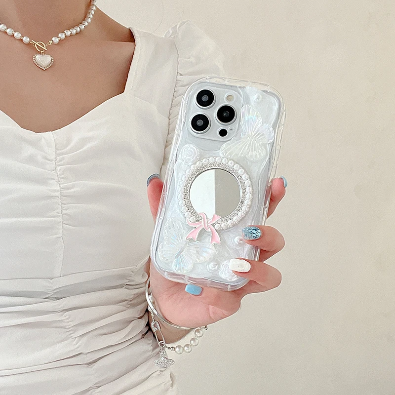 Корейский INS милый чехол для телефона с 3D бабочкой и жемчугом iphone 16 15 14 13 Pro 12 11 Max plus