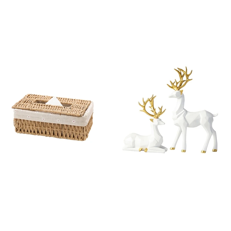 

1X коробка для салфеток из ротанга, корзина для хранения бумаги для дома (Цветочный стиль хаки) и статуэтка оленя из смолы, белая Статуэтка