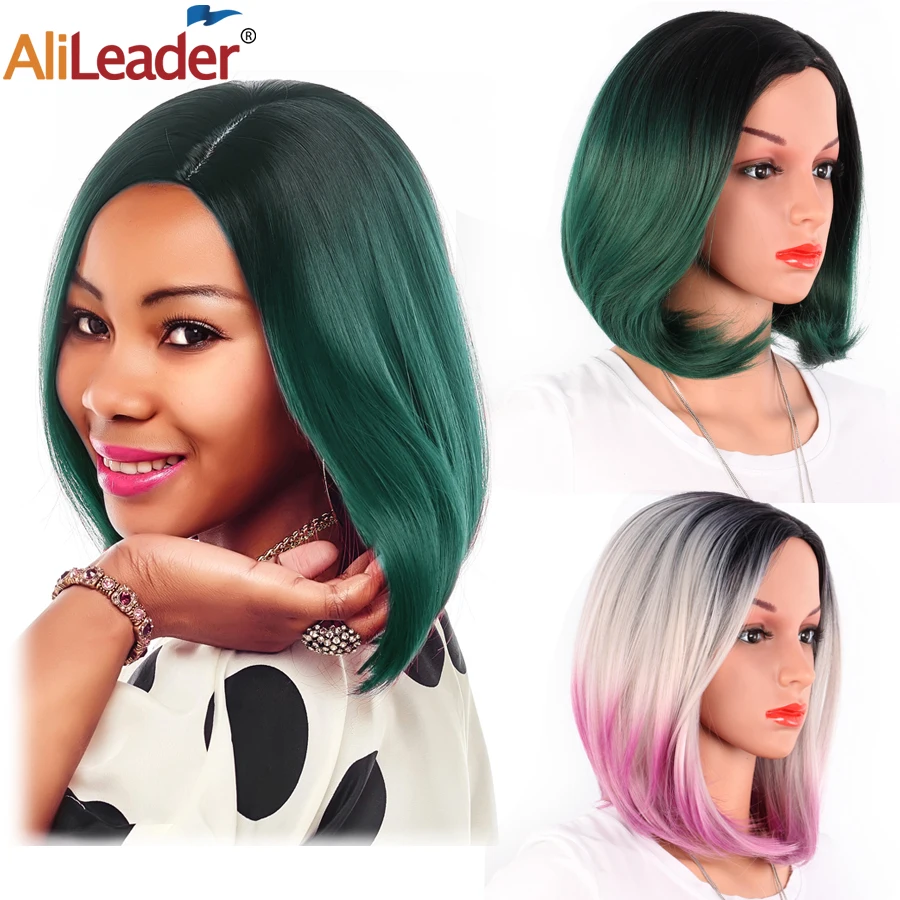 AliLeader Synthetic 14inch Short Bob Wig Green Wig Machine Made Heat Resistant Fiber Silky Straight Hairstyle Ombre Gray Afro