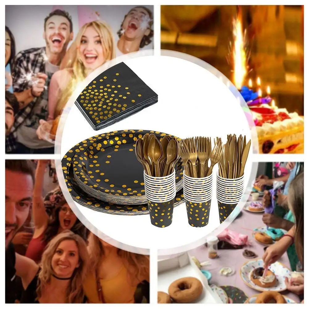 

Birthday Disposable Tableware Set Black Gold Paper Plates Cups Napkins Tablecloth Adult Happy Birthday Party Decoration Wedding