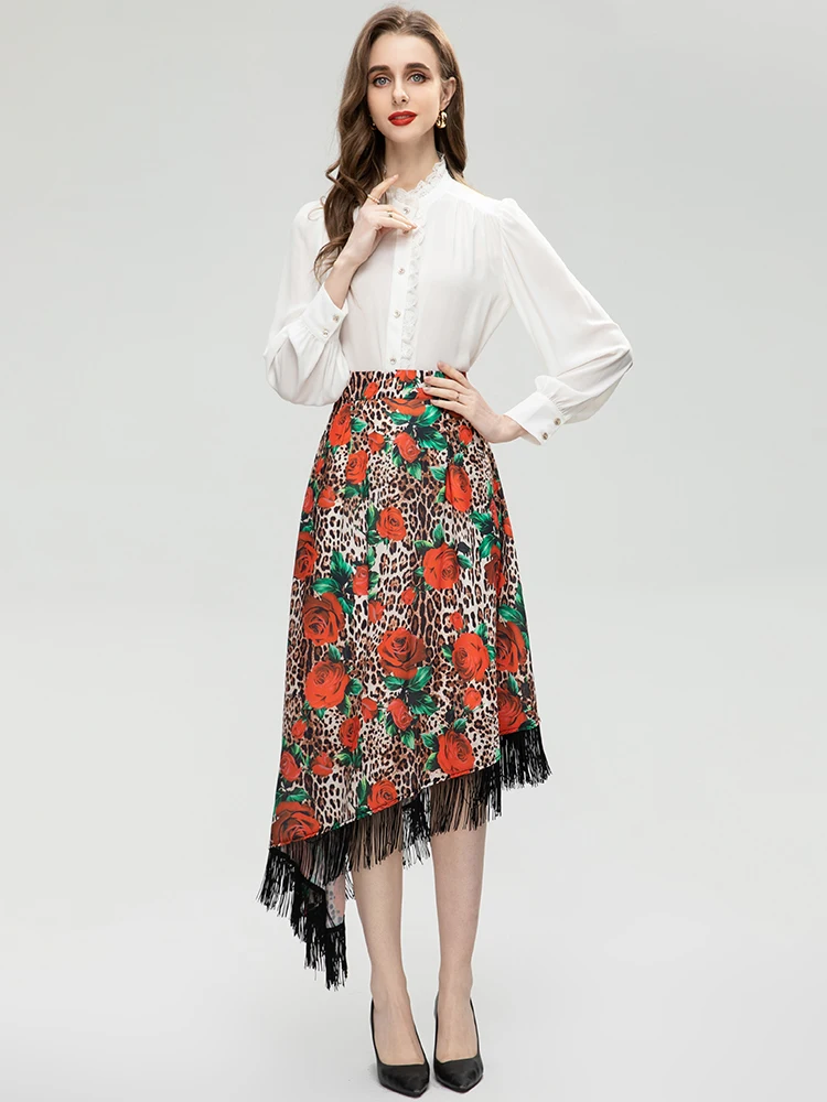 

MoaaYina, модная дизайнерская Летняя женская рубашка с длинным рукавом и воротником-стойкой + Асимметричная юбка, комплект из двух предметов