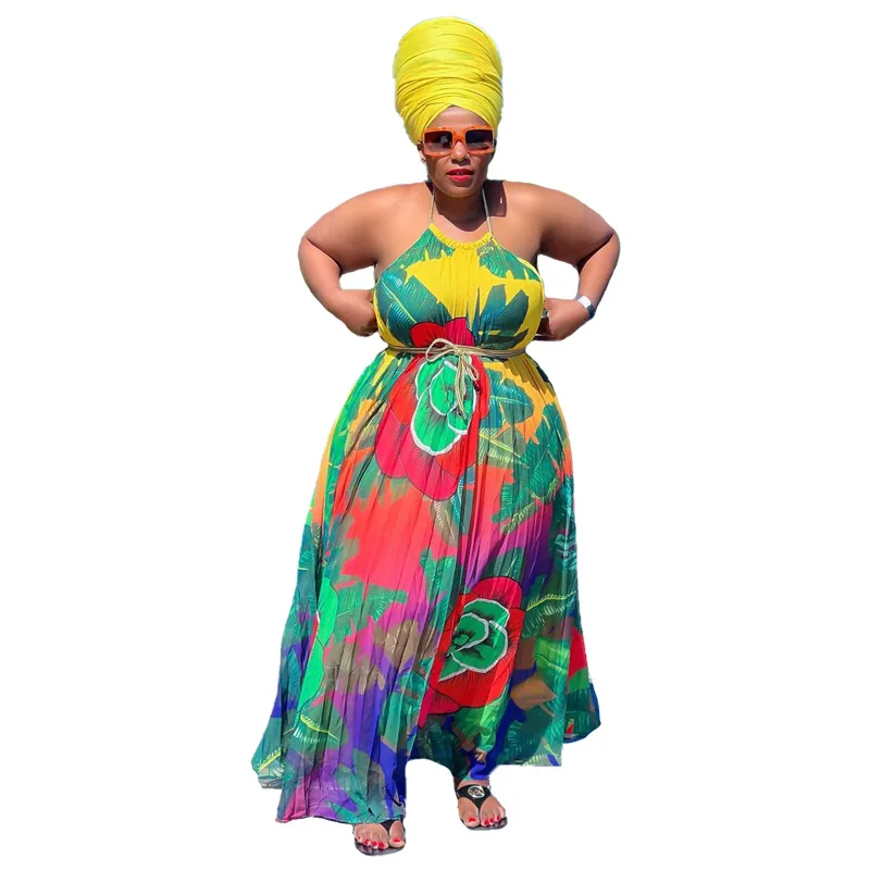 Plus Size Floral Dress Tie Dye Pleated Halter Beach Women Cloth Chubby Female Casual Long Robe 2023 Summer Trendy Wide Dress