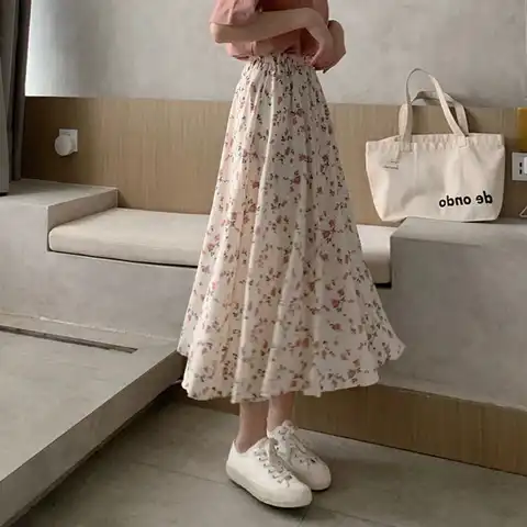 Women Floral Print Long Skirts Summer Female High Elastic Waist Korean Style Pleated Slim A-Line Skirt CDPF-WYP-47