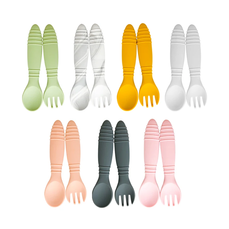 7sets/pack Baby Children Spoon Fork Set Soft Silicone Scoop Fork Kit Tableware Toddler Training Feeding Cutlery Utensil