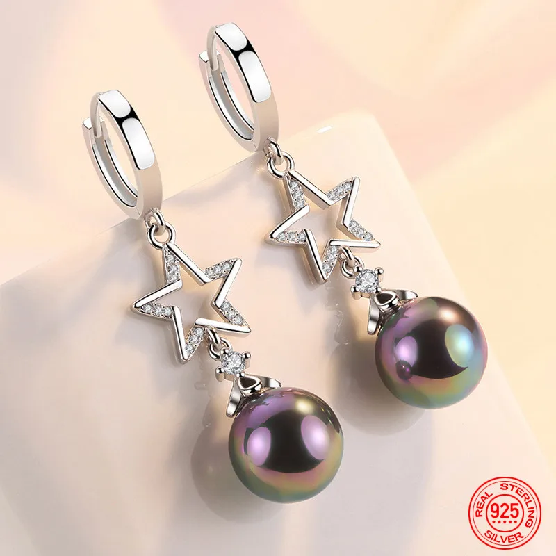 

925 Sterling Silver Black Pearl Long Dangle Earring For Women Fashion Wedding Jewelry Gift