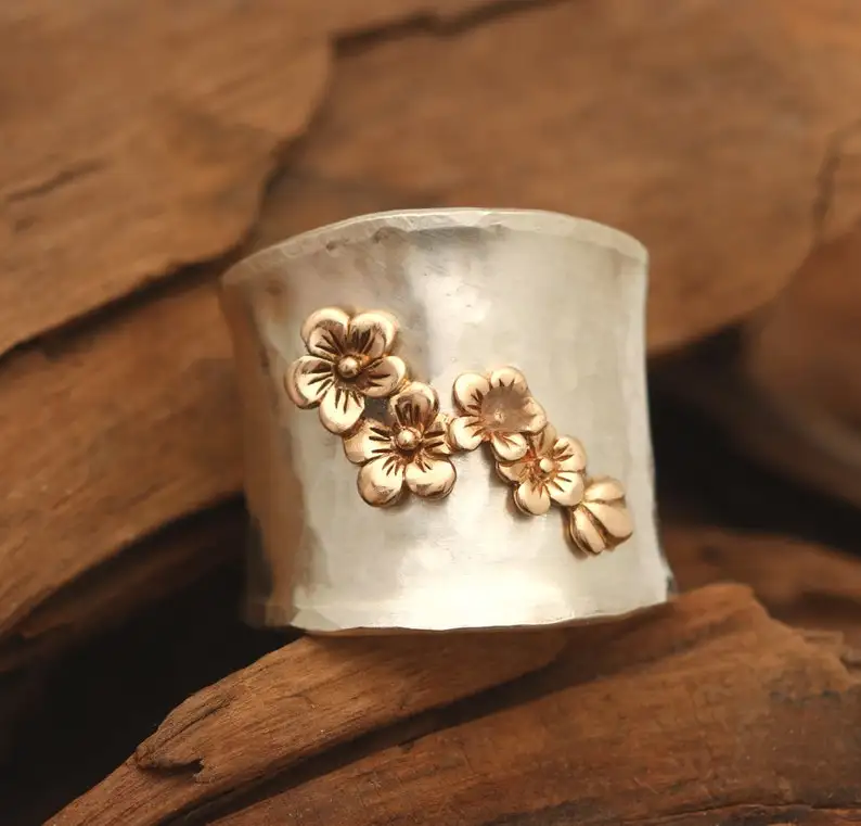 

Wide Band Ring For Women, Cherry Blossom Ring, Botanical Jewelry, Thumb Ring, Handmade Jewelry
