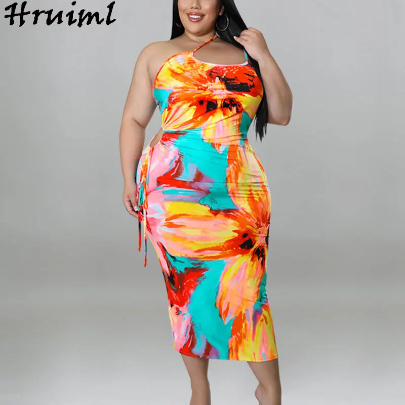 

Summer Sexy Dress Women XL-5XL Floral Print Spaghetti Strap Irregular Maxi Dresses Hollow Out Holiday Beach Style Sundress 2022