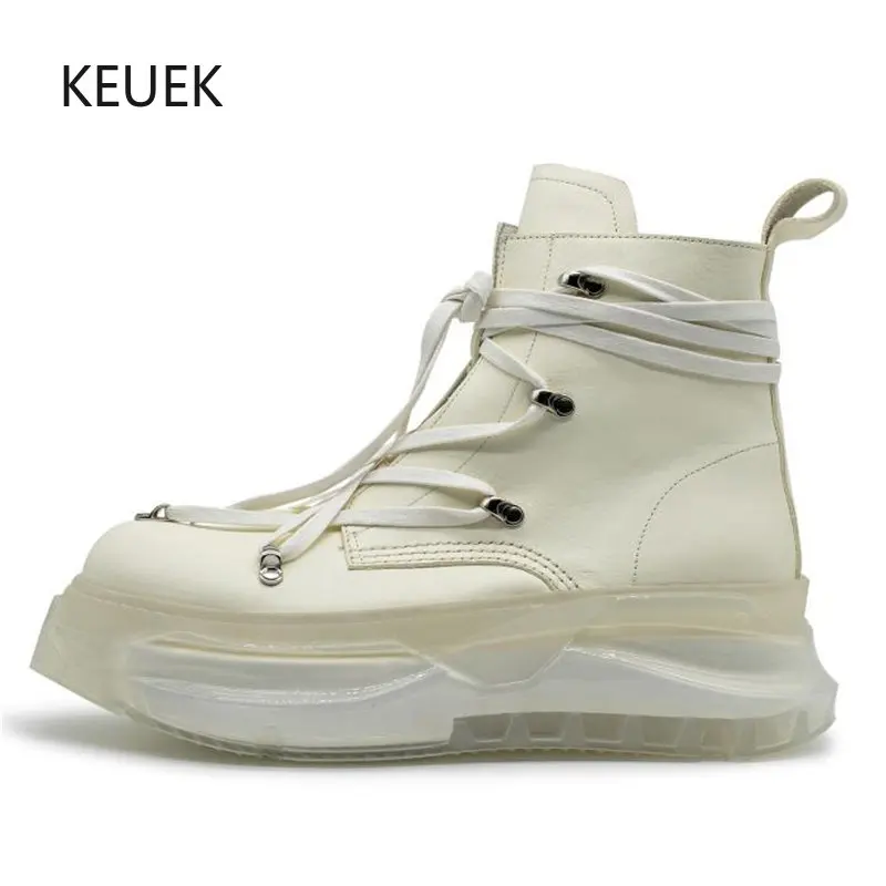 

New Luxury Sneakers Men High Top Shoes White Genuine Leather Thick Sole Outdoor Sports Casual Shoes Male Lace-up Work Oxfords 5C