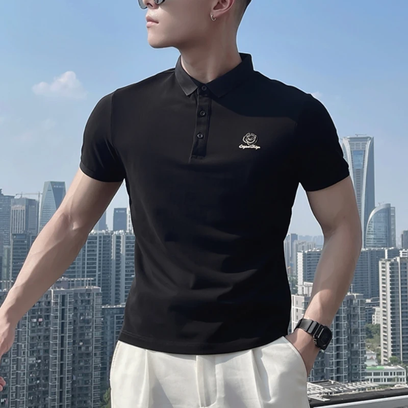 

Рубашка поло с вышивкой розы в британском стиле для мужчин, летняя Тонкая Повседневная футболка с коротким рукавом, Высококачественная деловая формальная рубашка поло