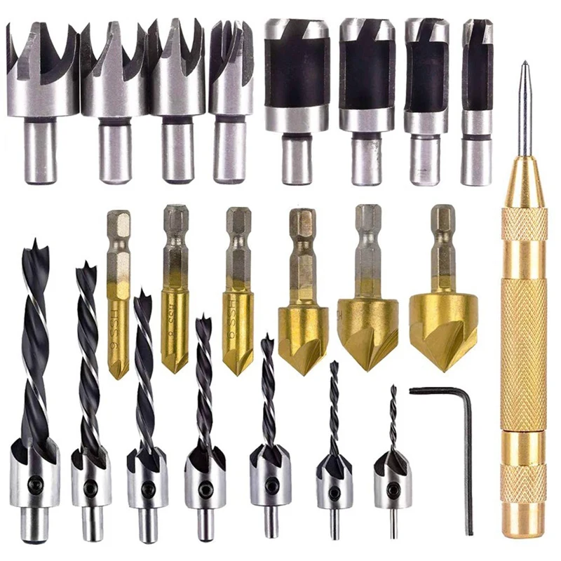 

Retail 23 Pack Woodworking Chamfer Drilling Tool Countersink Drill Bits Wood Plug Cutter And Automatic