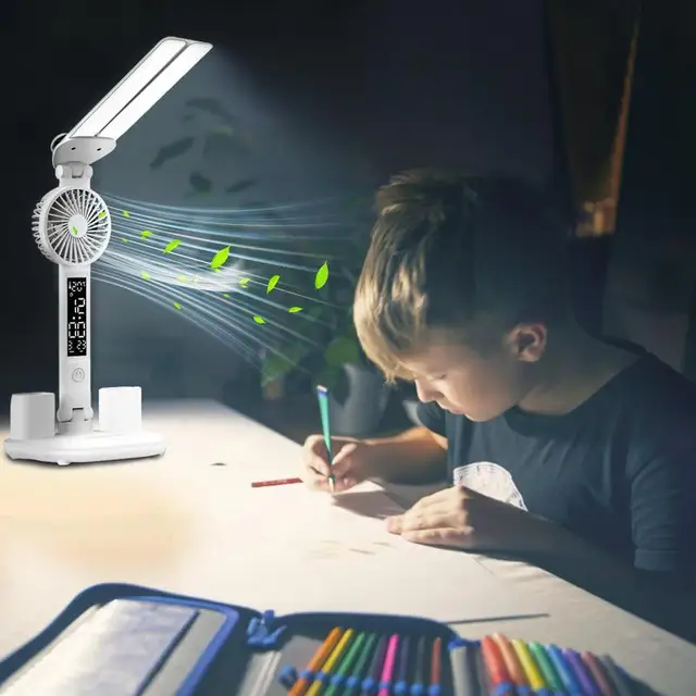 Double Head LED Desk Lamp Multifunction Table Light With Calendar Fan Pen Holder Thermometer USB Night Light For Offices Reading 5