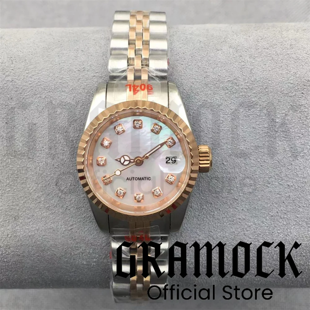 Фото Женские часы Gramock 26 мм, 3 точки, дата, бриллиант, розовый, жемчуг, NH05, автоматический механизм, серебро, сапфировое стекло №3