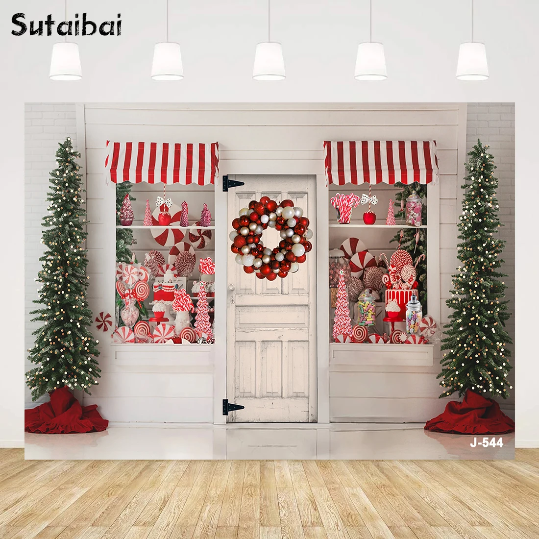 

Christmas Candy House Photography Backdrop Pine Tree Red Bell Kids Children Background for Portrait Photo Studio Retro Wood Door