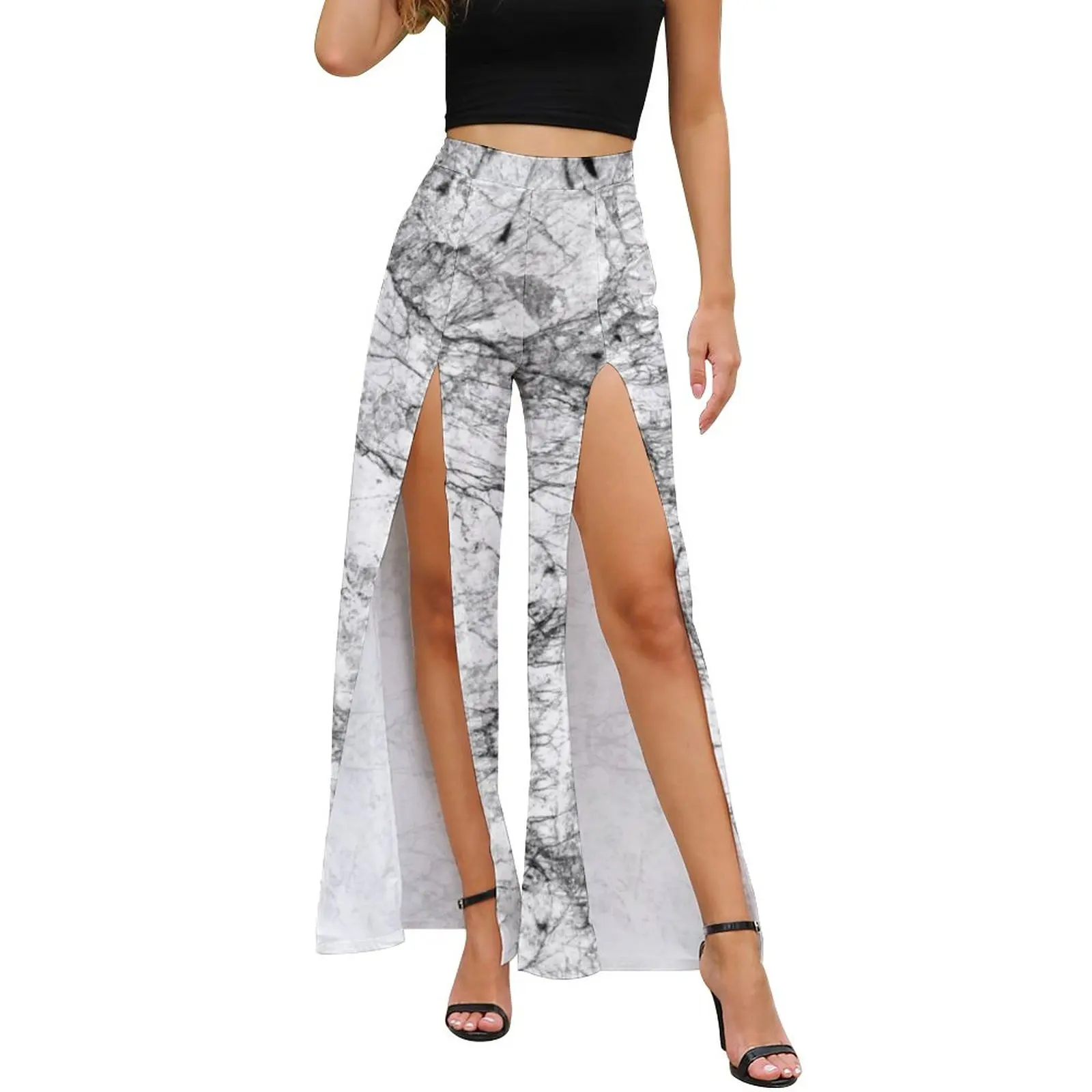 

Black And White Natural Marble Pants Women Modern Faux Texture Marbles High Waisted Sexy Pattern Wide Pants Aesthetic Trousers