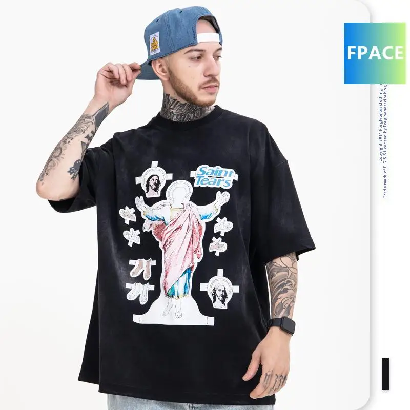 

Men's Clothing Summer New Trendy Brand Letters Vintage Print Distressed Spray-Dyed round Neck Loose Short Sleeves T-shirt Men